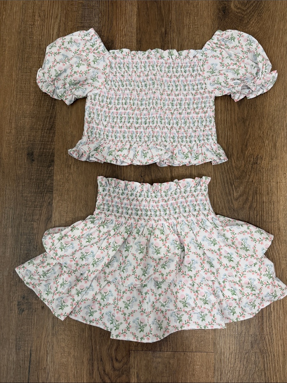Cecil and Lou,Smocked Floral Two-Piece Set - Pink & Green